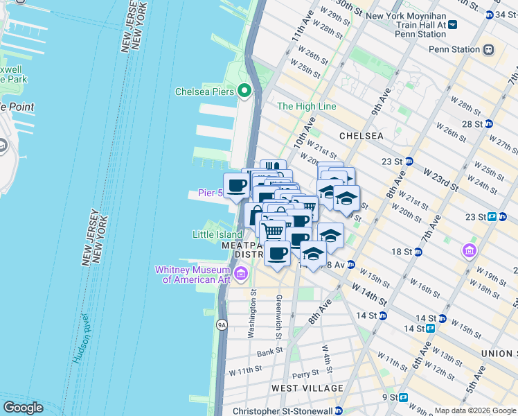 map of restaurants, bars, coffee shops, grocery stores, and more near 85 10th Avenue in New York