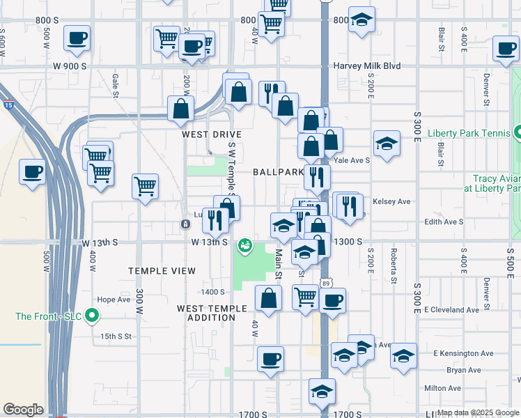 map of restaurants, bars, coffee shops, grocery stores, and more near 1185 Richards Street in Salt Lake City