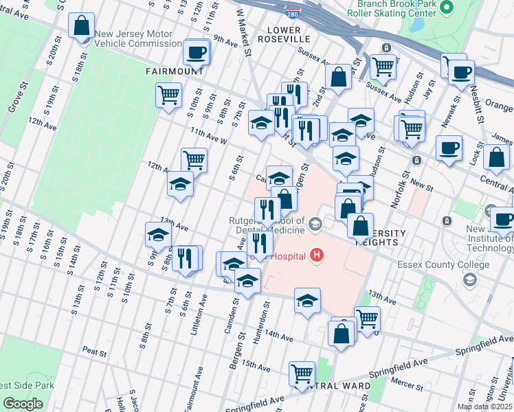 map of restaurants, bars, coffee shops, grocery stores, and more near 124 Fairmount Avenue in Newark