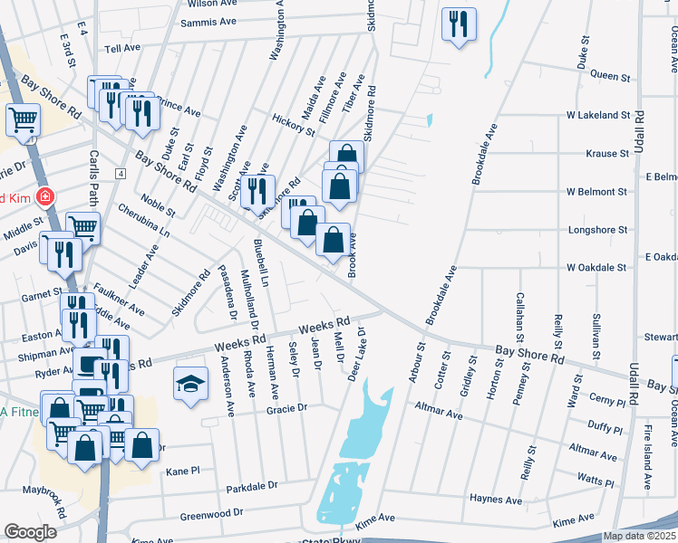 map of restaurants, bars, coffee shops, grocery stores, and more near 351 Bay Shore Road in Deer Park