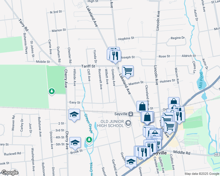 map of restaurants, bars, coffee shops, grocery stores, and more near 43 Willett Avenue in Sayville
