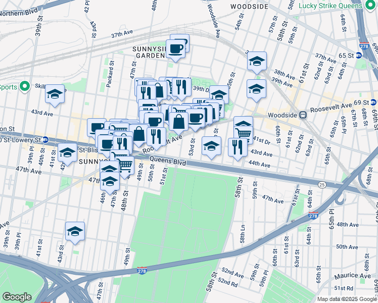 map of restaurants, bars, coffee shops, grocery stores, and more near in Queens