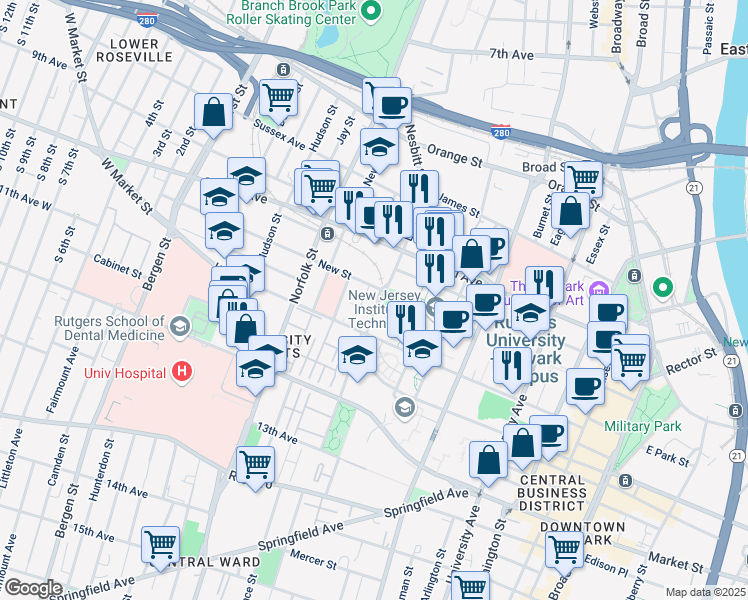 map of restaurants, bars, coffee shops, grocery stores, and more near 75 Lock Street in Newark