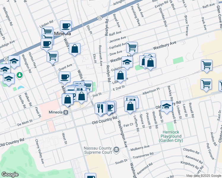 map of restaurants, bars, coffee shops, grocery stores, and more near 10 East 2nd Street in Mineola