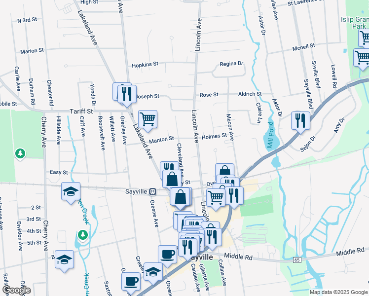 map of restaurants, bars, coffee shops, grocery stores, and more near 63 Cleveland Avenue in Sayville