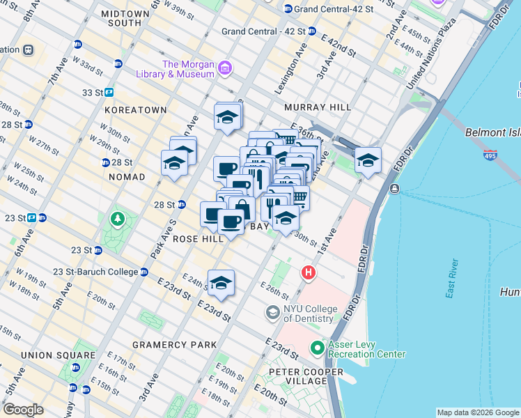 map of restaurants, bars, coffee shops, grocery stores, and more near 208 East 30th Street in New York