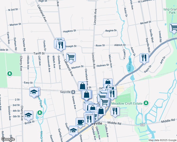 map of restaurants, bars, coffee shops, grocery stores, and more near 63 Cleveland Avenue in Sayville