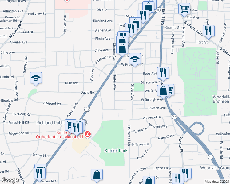 map of restaurants, bars, coffee shops, grocery stores, and more near 245 Wolfe Avenue in Mansfield