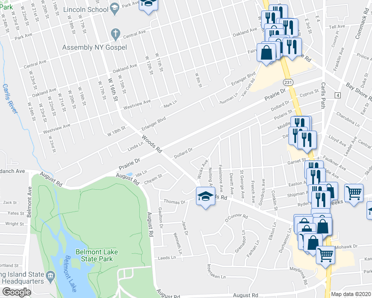 map of restaurants, bars, coffee shops, grocery stores, and more near 79 Dollard Drive in North Babylon
