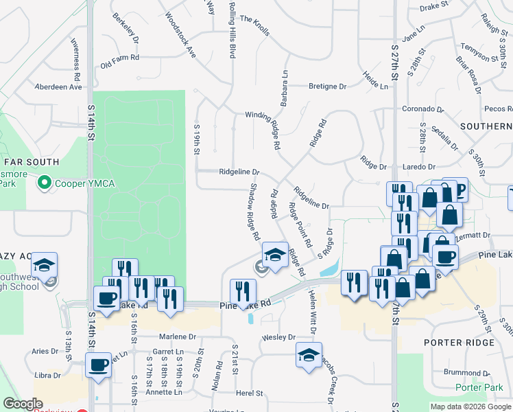 map of restaurants, bars, coffee shops, grocery stores, and more near 6750 Shadow Ridge Road in Lincoln