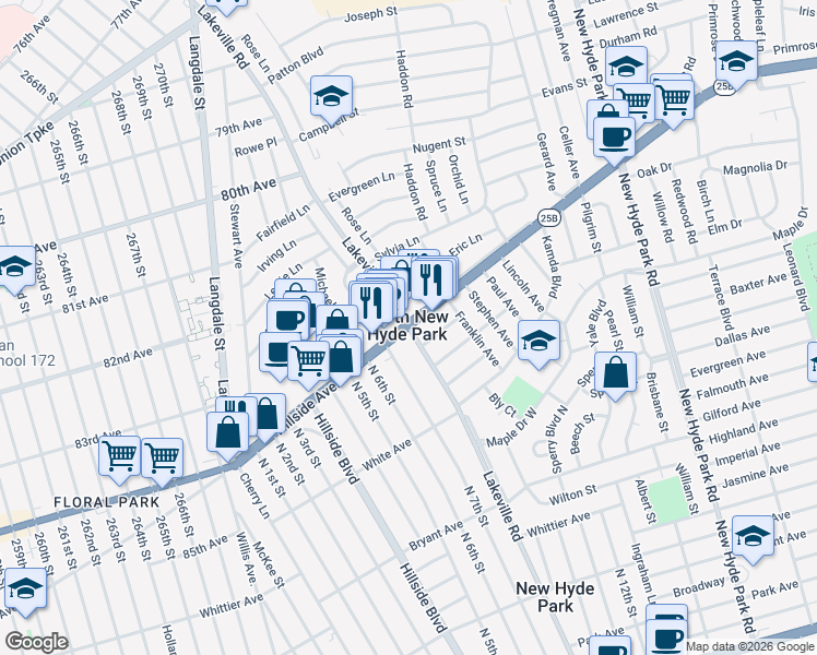 map of restaurants, bars, coffee shops, grocery stores, and more near in North New Hyde Park