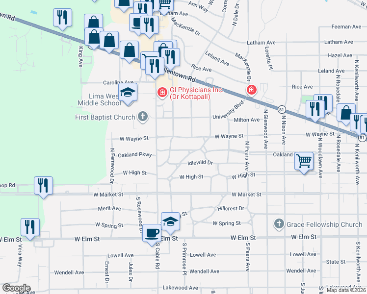 map of restaurants, bars, coffee shops, grocery stores, and more near 2048 Oakland Parkway in Lima