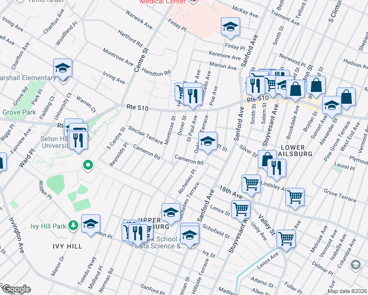 map of restaurants, bars, coffee shops, grocery stores, and more near 70 Saint Paul Avenue in Newark