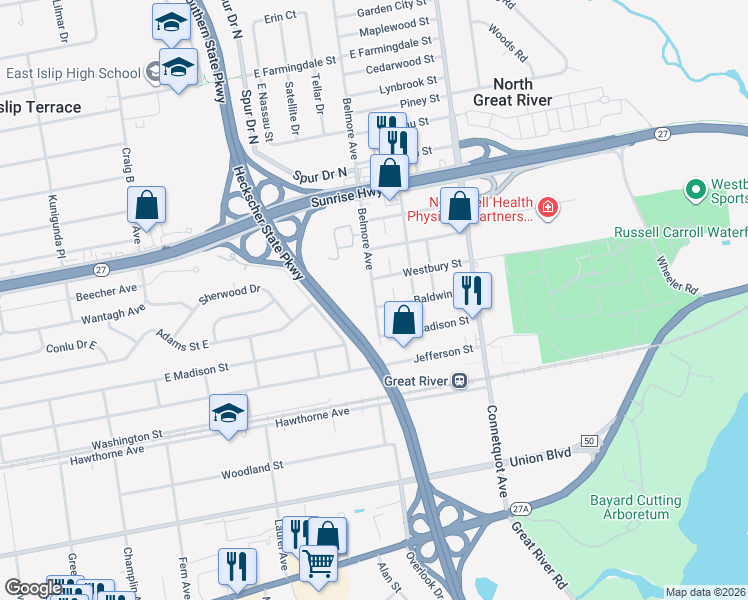 map of restaurants, bars, coffee shops, grocery stores, and more near 16 Baldwin Street in East Islip