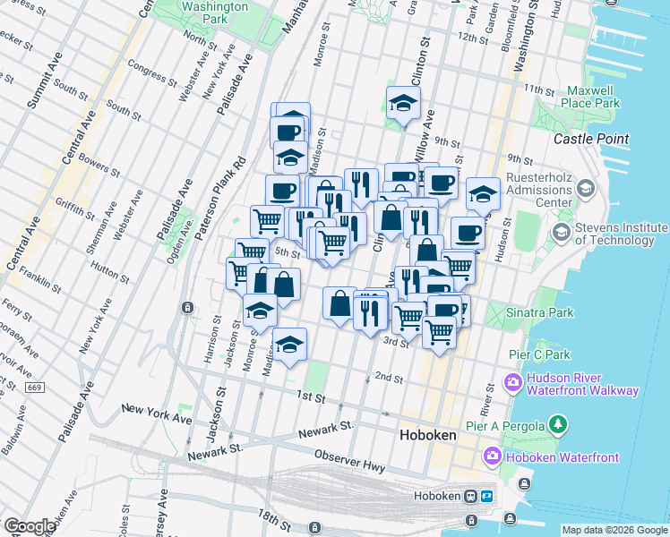 map of restaurants, bars, coffee shops, grocery stores, and more near 415 Adams Street in Hoboken