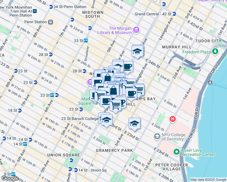 map of restaurants, bars, coffee shops, grocery stores, and more near 400 Park Avenue South in New York