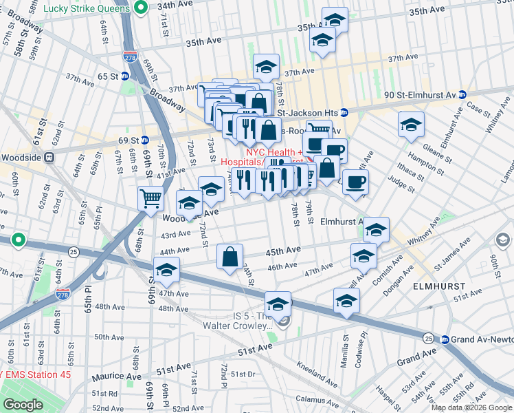 map of restaurants, bars, coffee shops, grocery stores, and more near 75-10 Woodside Avenue in Queens