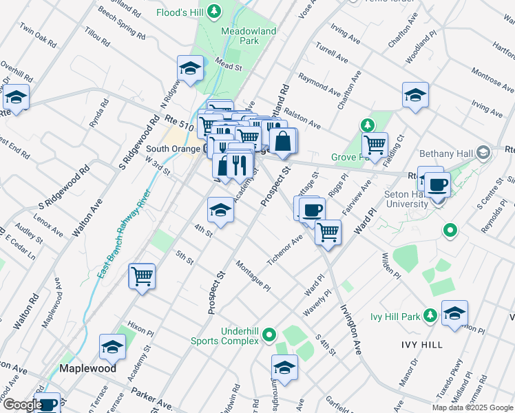 map of restaurants, bars, coffee shops, grocery stores, and more near 129 2nd Street in South Orange