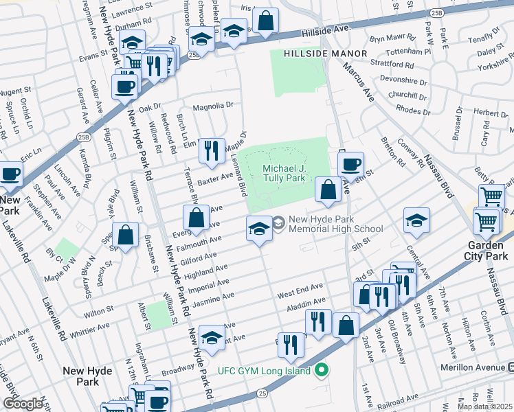 map of restaurants, bars, coffee shops, grocery stores, and more near Evergreen Avenue in North New Hyde Park