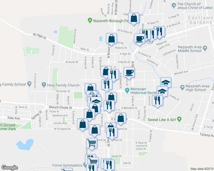 map of restaurants, bars, coffee shops, grocery stores, and more near 27 North Broad Saint Exd in Nazareth