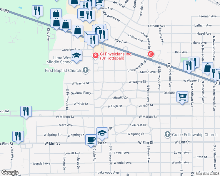 map of restaurants, bars, coffee shops, grocery stores, and more near 2048 Oakland Parkway in Lima
