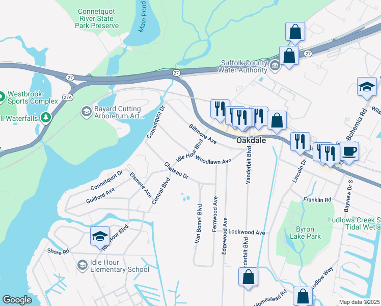 map of restaurants, bars, coffee shops, grocery stores, and more near 47 Woodlawn Avenue in Oakdale