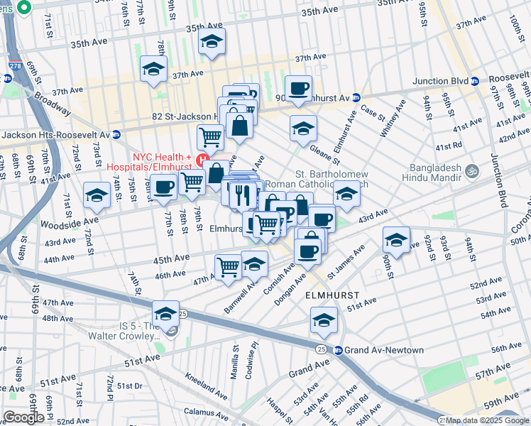 map of restaurants, bars, coffee shops, grocery stores, and more near 82-20 Britton Avenue in Queens