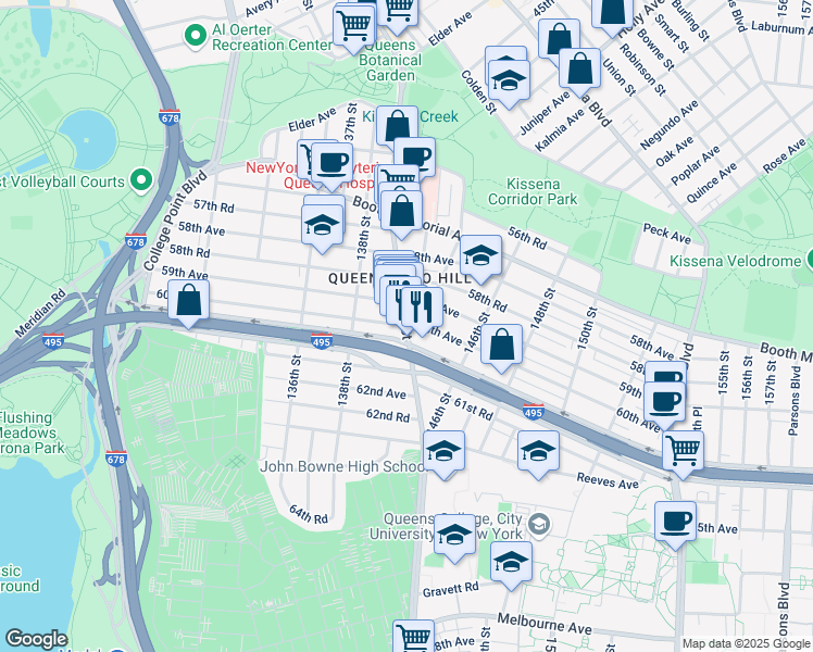 map of restaurants, bars, coffee shops, grocery stores, and more near Main St & 60th Ave in Queens
