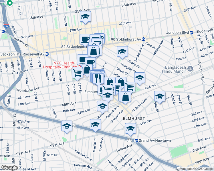 map of restaurants, bars, coffee shops, grocery stores, and more near 82-20 Britton Avenue in Queens