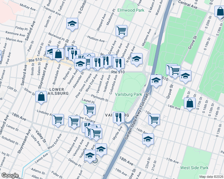 map of restaurants, bars, coffee shops, grocery stores, and more near 63 Columbia Avenue in Newark