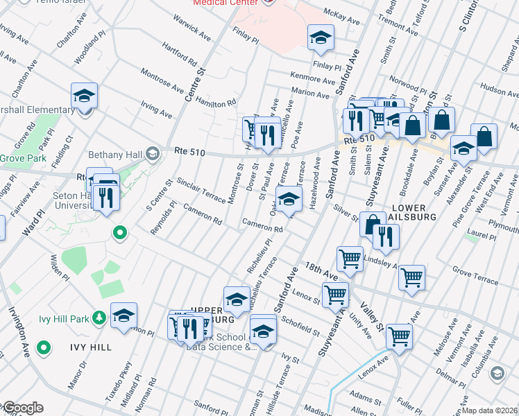 map of restaurants, bars, coffee shops, grocery stores, and more near 70 Saint Paul Avenue in Newark