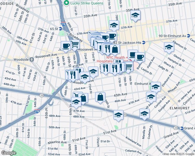 map of restaurants, bars, coffee shops, grocery stores, and more near 41-63 73rd Street in Queens