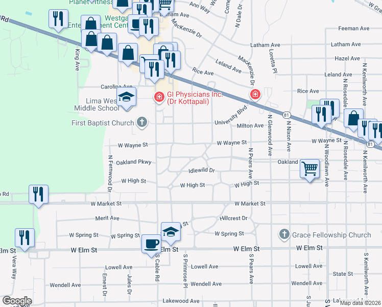 map of restaurants, bars, coffee shops, grocery stores, and more near 2030 Oakland Parkway in Lima