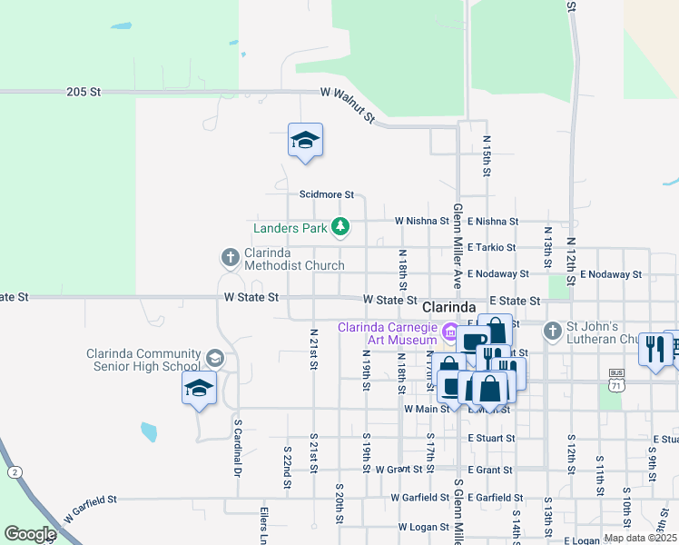 map of restaurants, bars, coffee shops, grocery stores, and more near 498 W Nodaway St in Clarinda