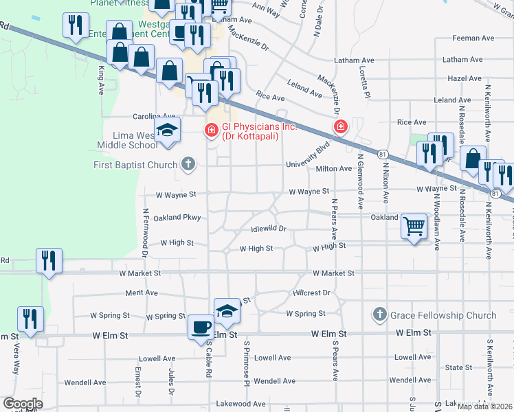 map of restaurants, bars, coffee shops, grocery stores, and more near 2030 Oakland Parkway in Lima