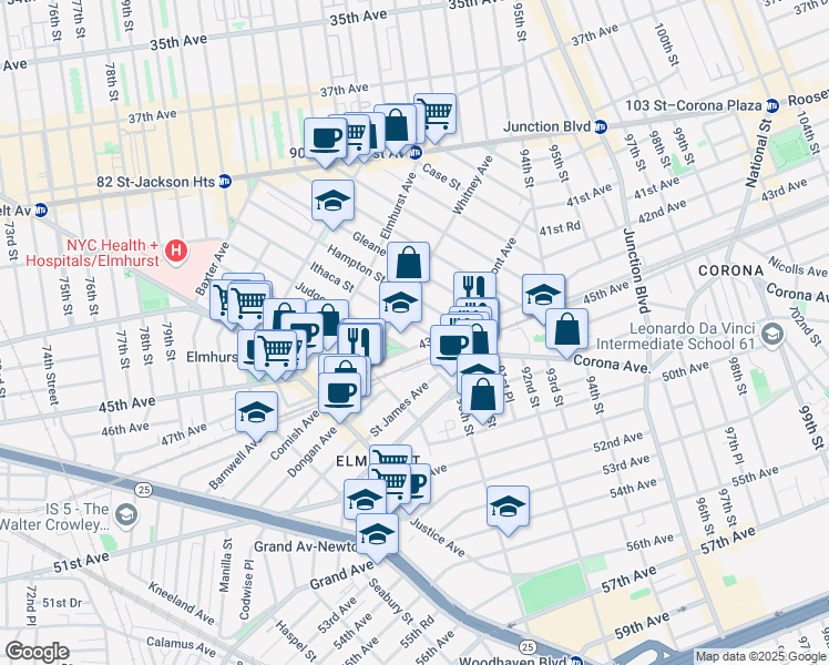 map of restaurants, bars, coffee shops, grocery stores, and more near 43-22 Ithaca Street in Queens