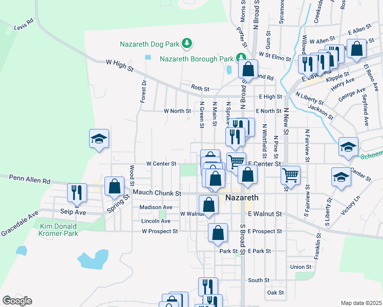 map of restaurants, bars, coffee shops, grocery stores, and more near 41 North Green Street in Nazareth