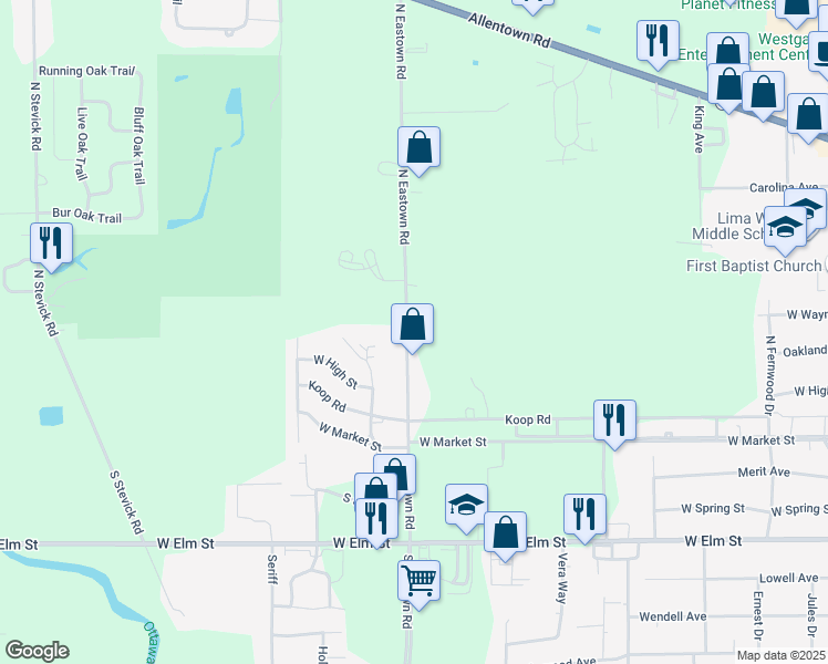 map of restaurants, bars, coffee shops, grocery stores, and more near 370 North Eastown Road in Lima
