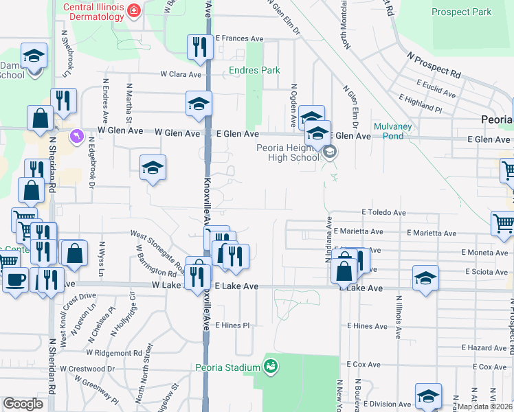 map of restaurants, bars, coffee shops, grocery stores, and more near 100-232 E Lyndale Rd in Peoria
