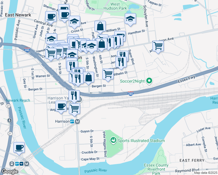map of restaurants, bars, coffee shops, grocery stores, and more near 620 Essex Freeway in Harrison