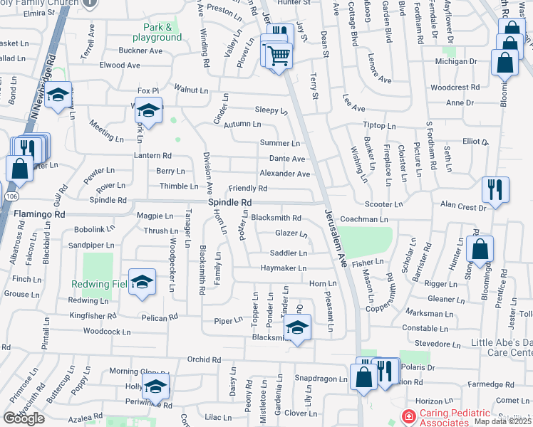 map of restaurants, bars, coffee shops, grocery stores, and more near 15 Blacksmith Road in Levittown