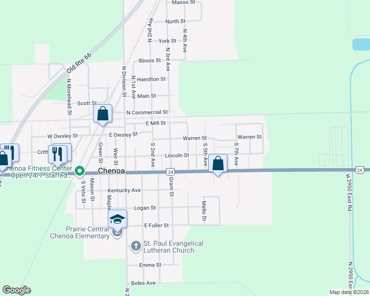 map of restaurants, bars, coffee shops, grocery stores, and more near 801 Lincoln Street in Chenoa