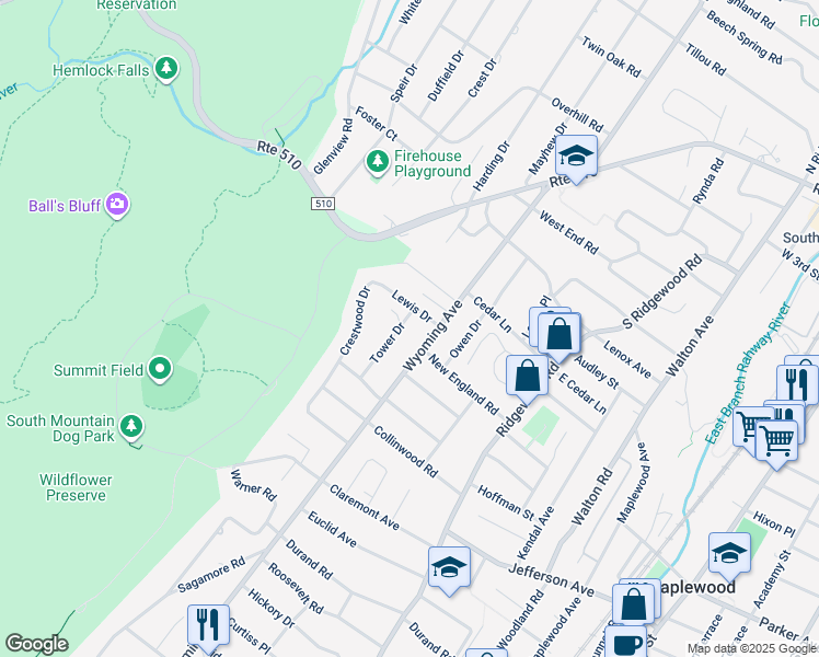 map of restaurants, bars, coffee shops, grocery stores, and more near 20 Tower Drive in Maplewood