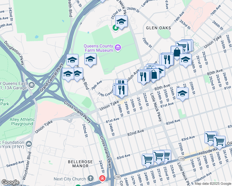 map of restaurants, bars, coffee shops, grocery stores, and more near 247-50 77th Crescent in Queens