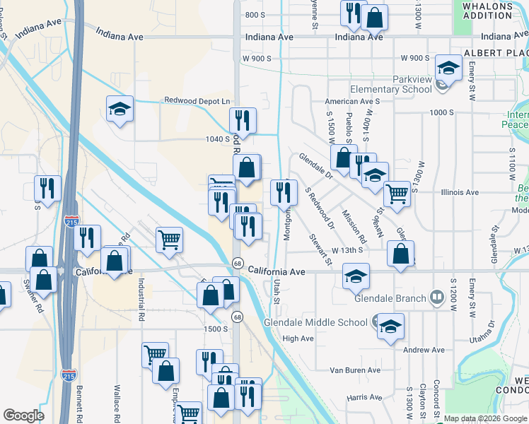 map of restaurants, bars, coffee shops, grocery stores, and more near 1212 Prospect Street in Salt Lake City