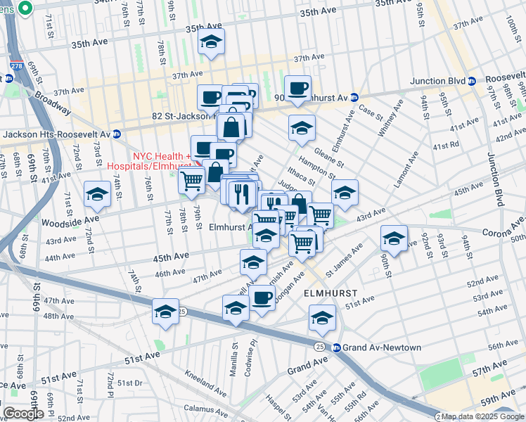 map of restaurants, bars, coffee shops, grocery stores, and more near 82-1 Britton Avenue in Queens