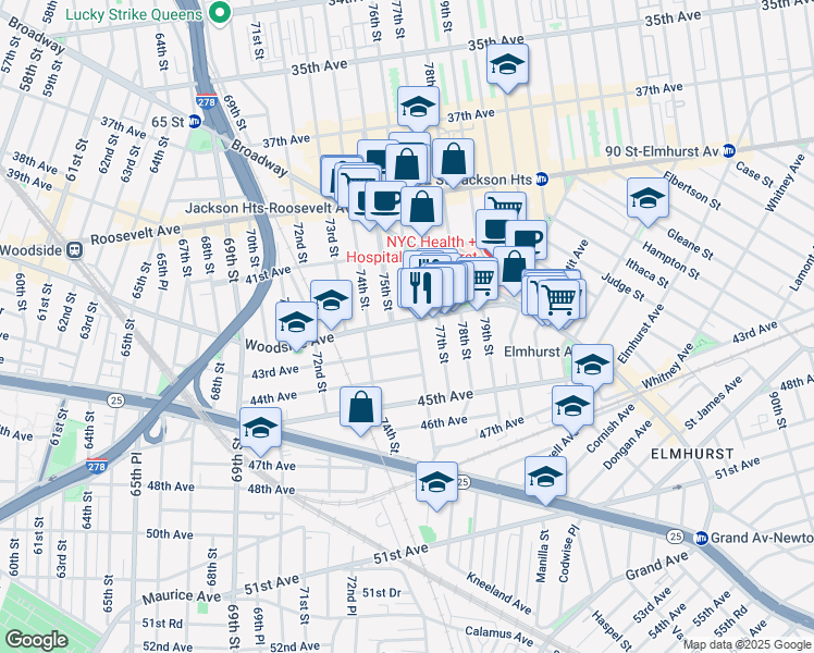 map of restaurants, bars, coffee shops, grocery stores, and more near in Queens