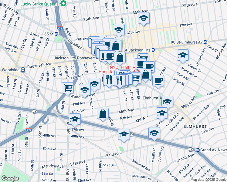 map of restaurants, bars, coffee shops, grocery stores, and more near in Queens