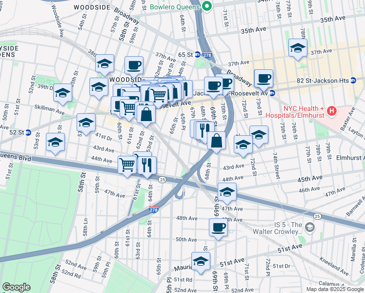 map of restaurants, bars, coffee shops, grocery stores, and more near 42-13 65th Place in Queens