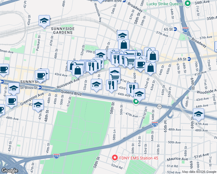 map of restaurants, bars, coffee shops, grocery stores, and more near 43-5 57th Street in Queens